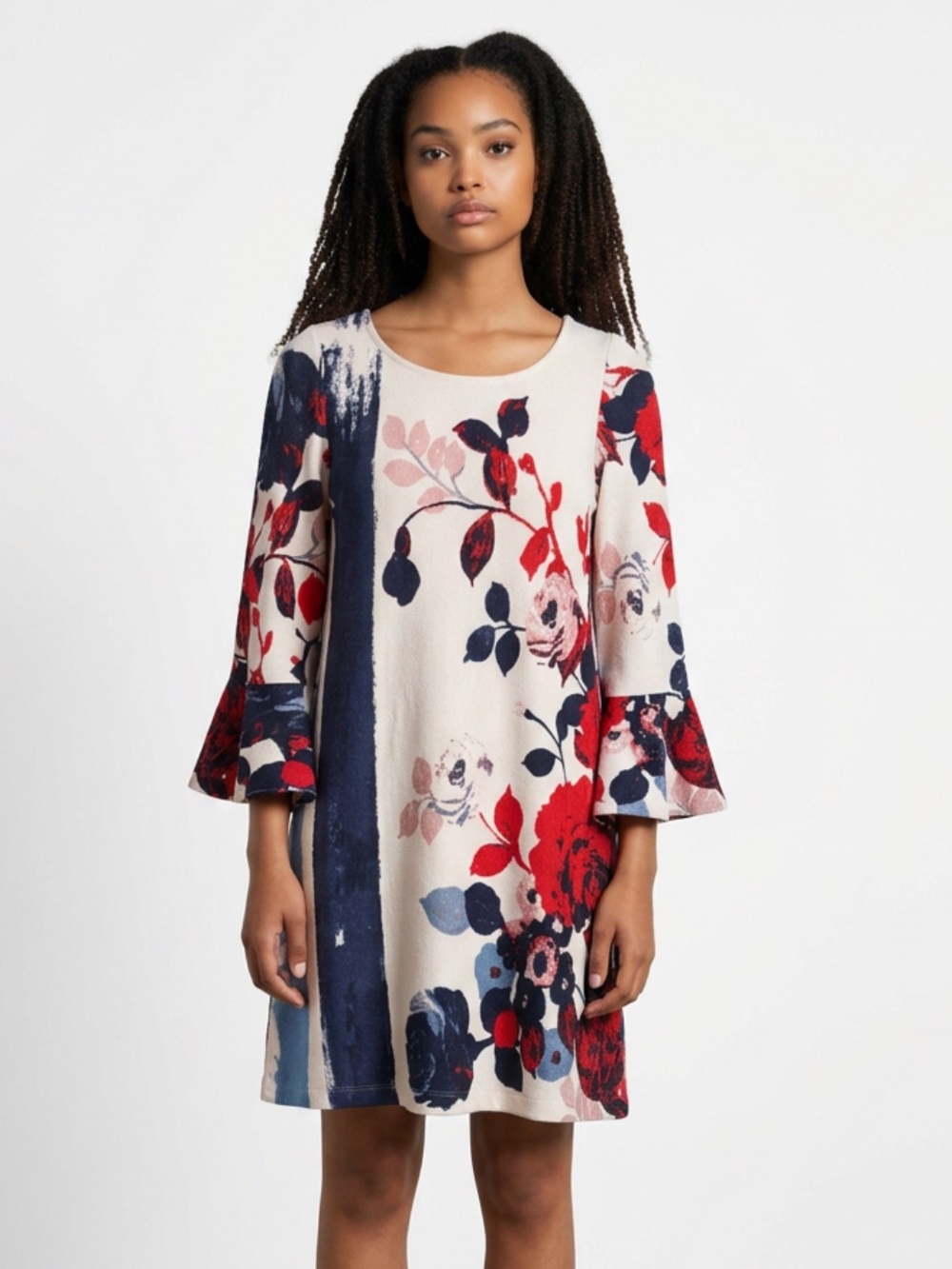 Maeve Cream Shift Dress with Red and Navy Floral Print Size X-small